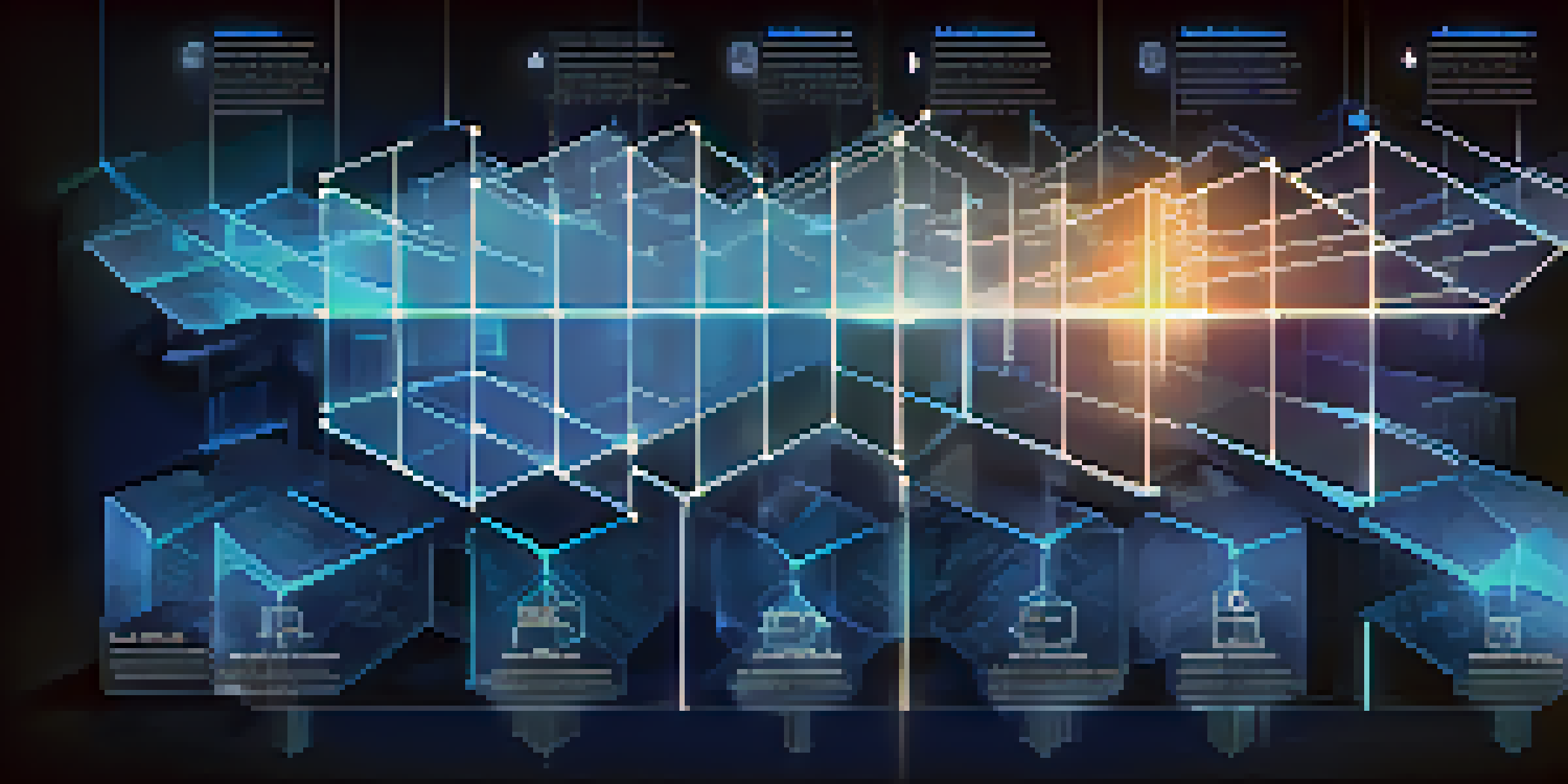 An infographic representing blockchain technology with glowing transparent blocks and data streams against a blue gradient background.