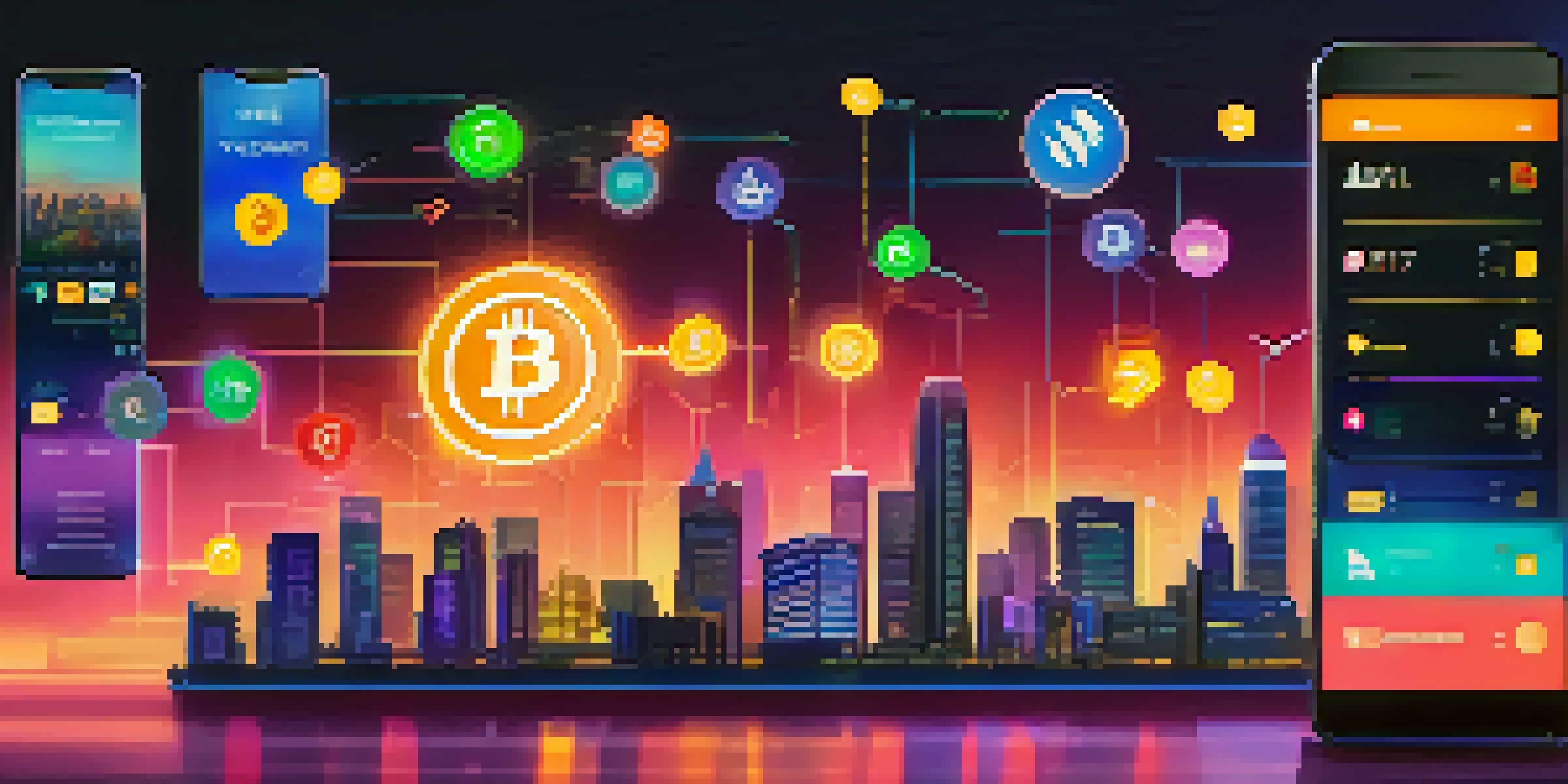 A smartphone displaying a mobile payment app with cryptocurrency icons on the screen against a city skyline background.