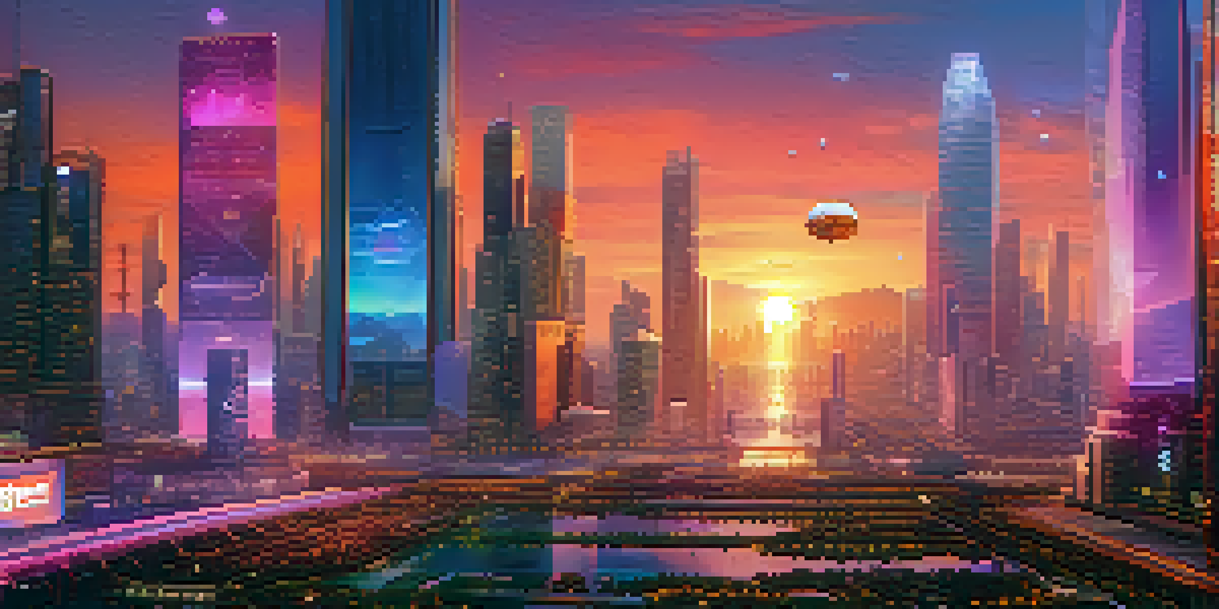 A colorful futuristic city skyline at sunset with skyscrapers and digital holograms representing smart contracts and tokens.