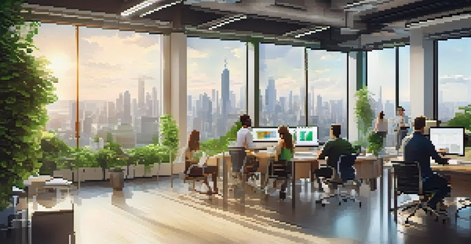 A diverse group of professionals collaborating in a modern startup office, surrounded by technology and city views.