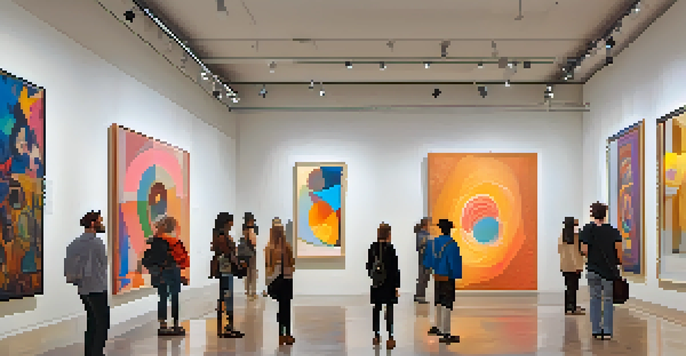 An interior view of a contemporary art gallery with colorful artworks and visitors interacting, featuring a digital display for cryptocurrency payments.