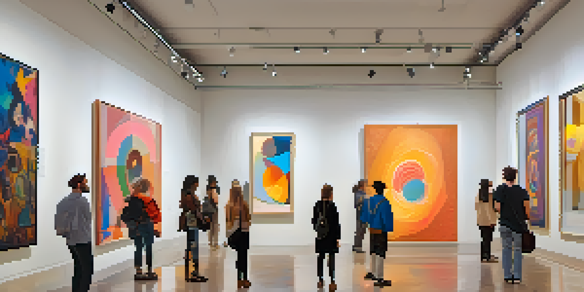 An interior view of a contemporary art gallery with colorful artworks and visitors interacting, featuring a digital display for cryptocurrency payments.