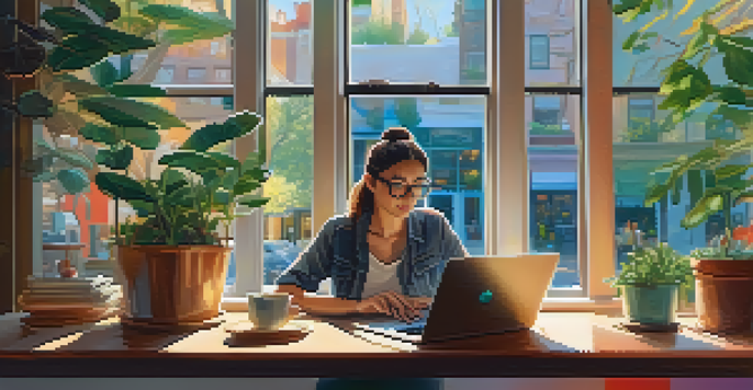 A digital artist working on a laptop in a coffee shop with colorful artwork and plants around them, illuminated by soft sunlight.