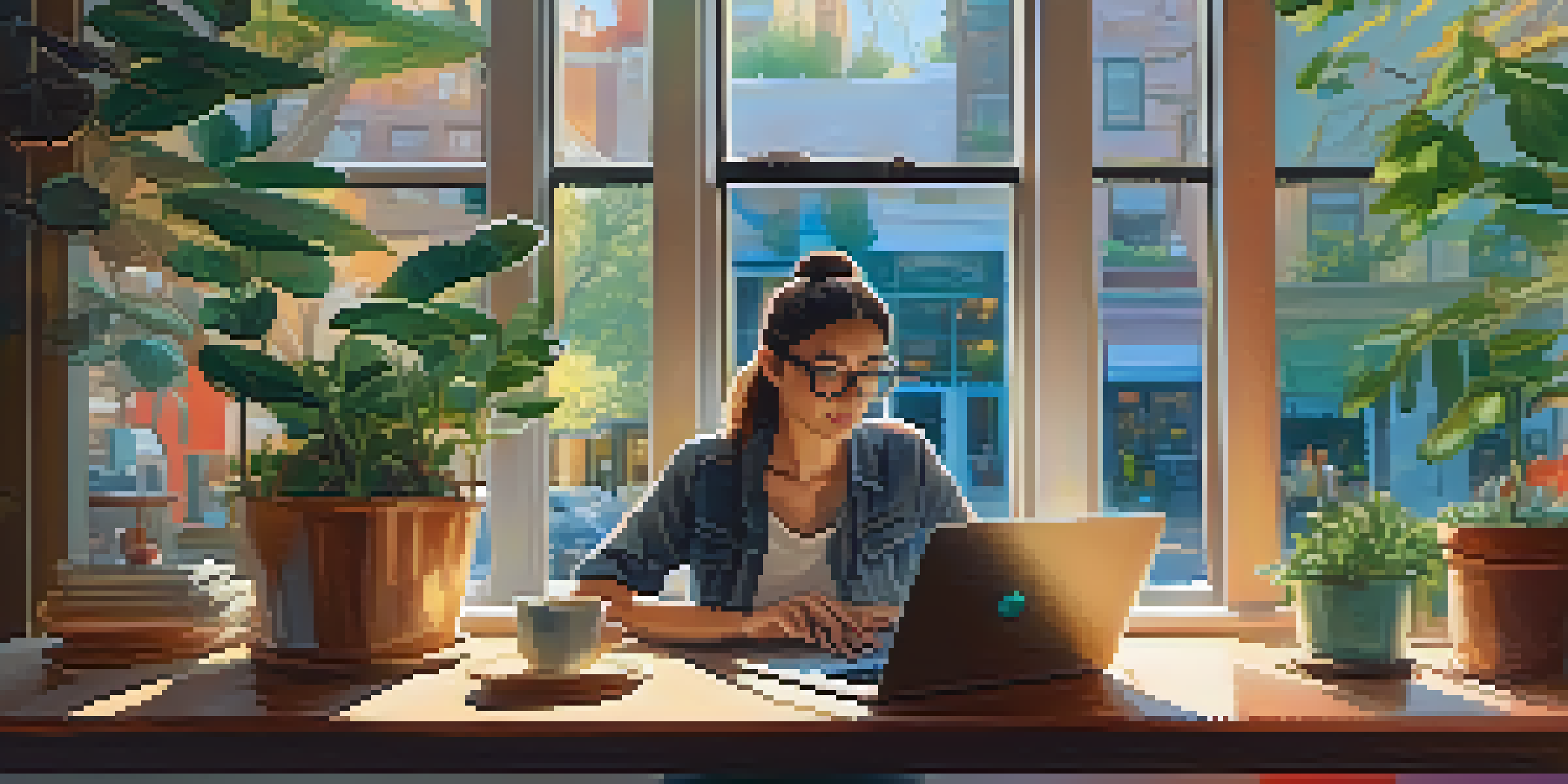 A digital artist working on a laptop in a coffee shop with colorful artwork and plants around them, illuminated by soft sunlight.