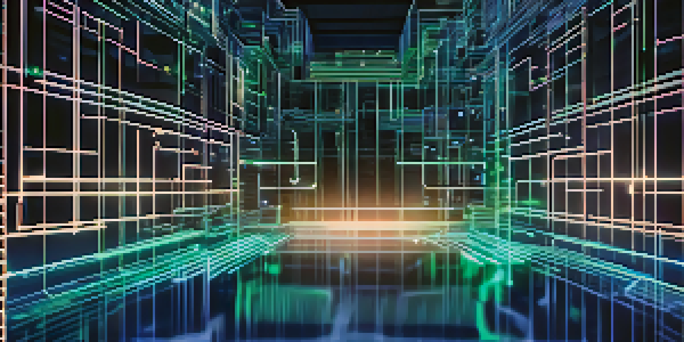 A visual representation of blockchain technology with interconnected glowing digital blocks and a circuit pattern background.