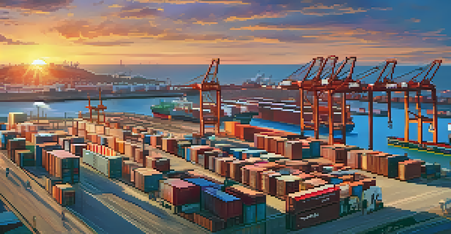 An aerial view of a bustling shipping port with trucks loading cargo containers, showcasing digital displays of cryptocurrency payments against a sunset backdrop.