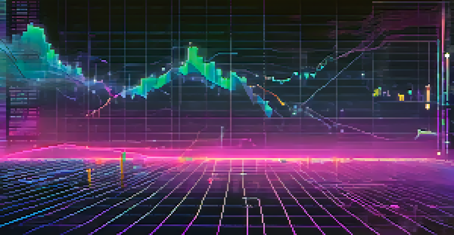 An abstract image of floating line charts and volume indicators above a digital grid, with a futuristic blue to purple color scheme.