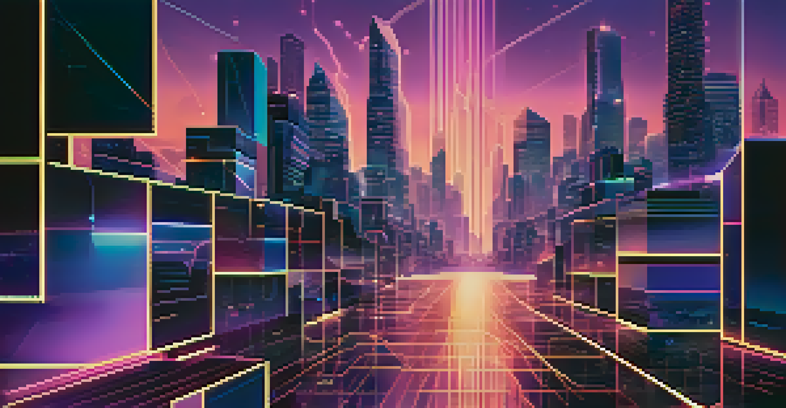 A digital illustration of blockchain technology with interconnected blocks against a futuristic city skyline at dusk, illuminated by neon lights.