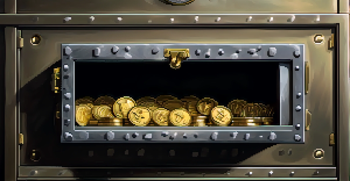 A cold wallet depicted as a safe deposit box inside a secure bank vault.