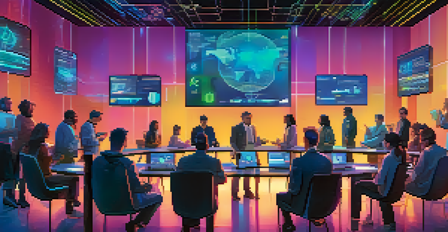 Individuals in a futuristic setting using digital devices to vote on proposals, surrounded by holographic displays.