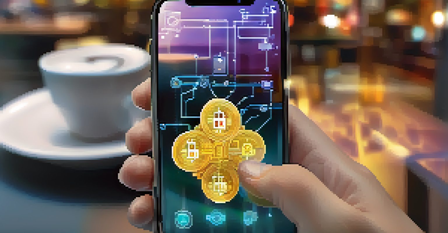 A close-up of a hand holding a smartphone with a blockchain app, holographic graphics surrounding it in a coffee shop.