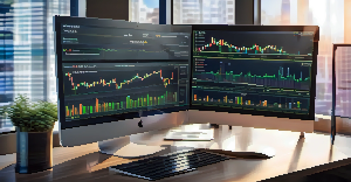 A computer screen displaying a decentralized exchange interface with colorful charts and graphs in a modern office setting.