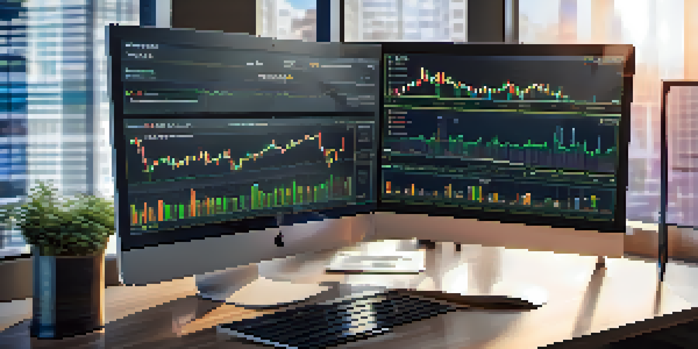A computer screen displaying a decentralized exchange interface with colorful charts and graphs in a modern office setting.
