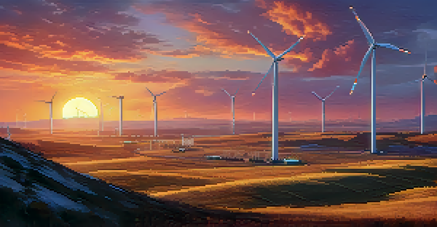 A cryptocurrency mining operation next to wind turbines during sunset.