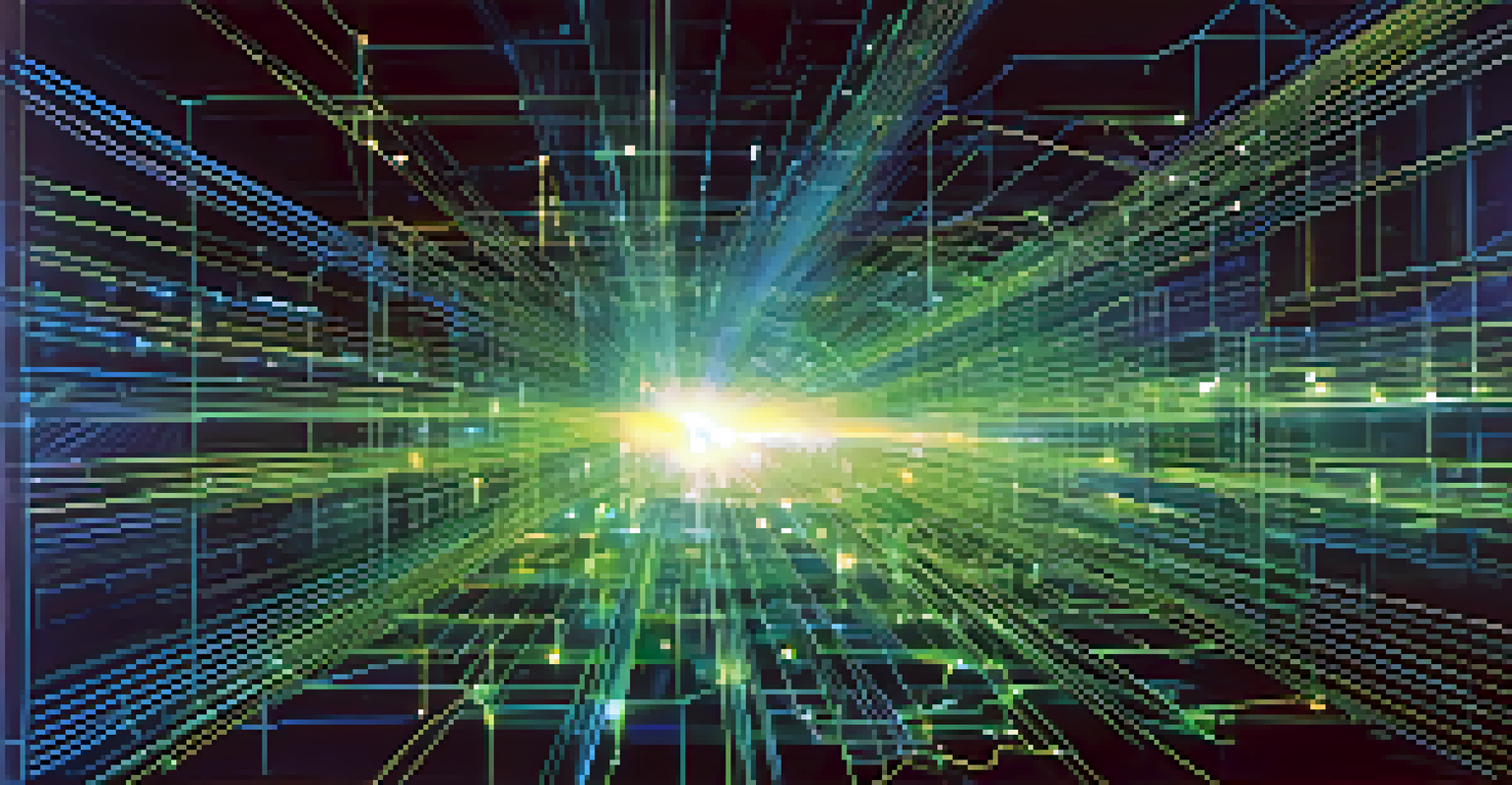An abstract image of interconnected nodes representing artificial intelligence, set against a digital matrix background.