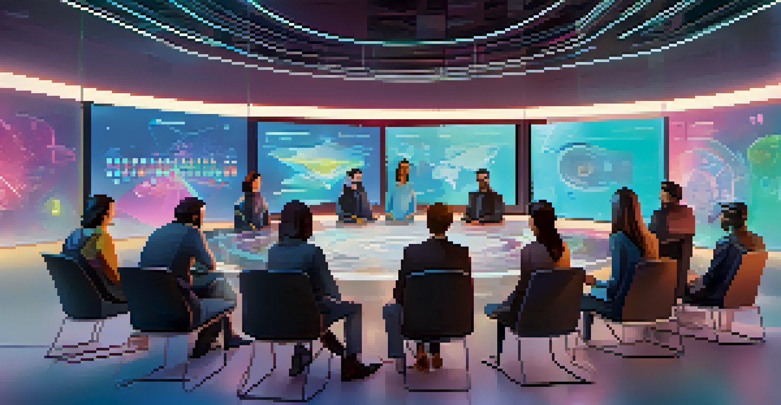A digital meeting of diverse avatars in a DAO discussing proposals in a futuristic collaborative space.