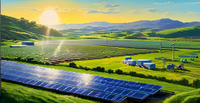 A cryptocurrency mining farm powered by solar panels in a scenic landscape with sunny weather and rolling hills.