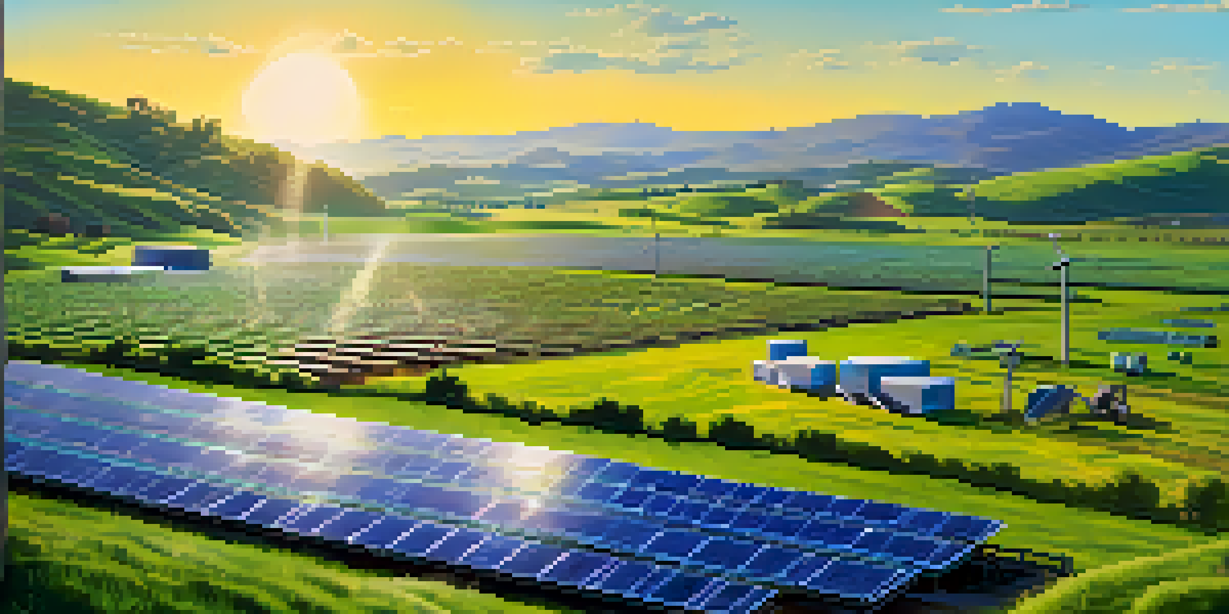 A cryptocurrency mining farm powered by solar panels in a scenic landscape with sunny weather and rolling hills.