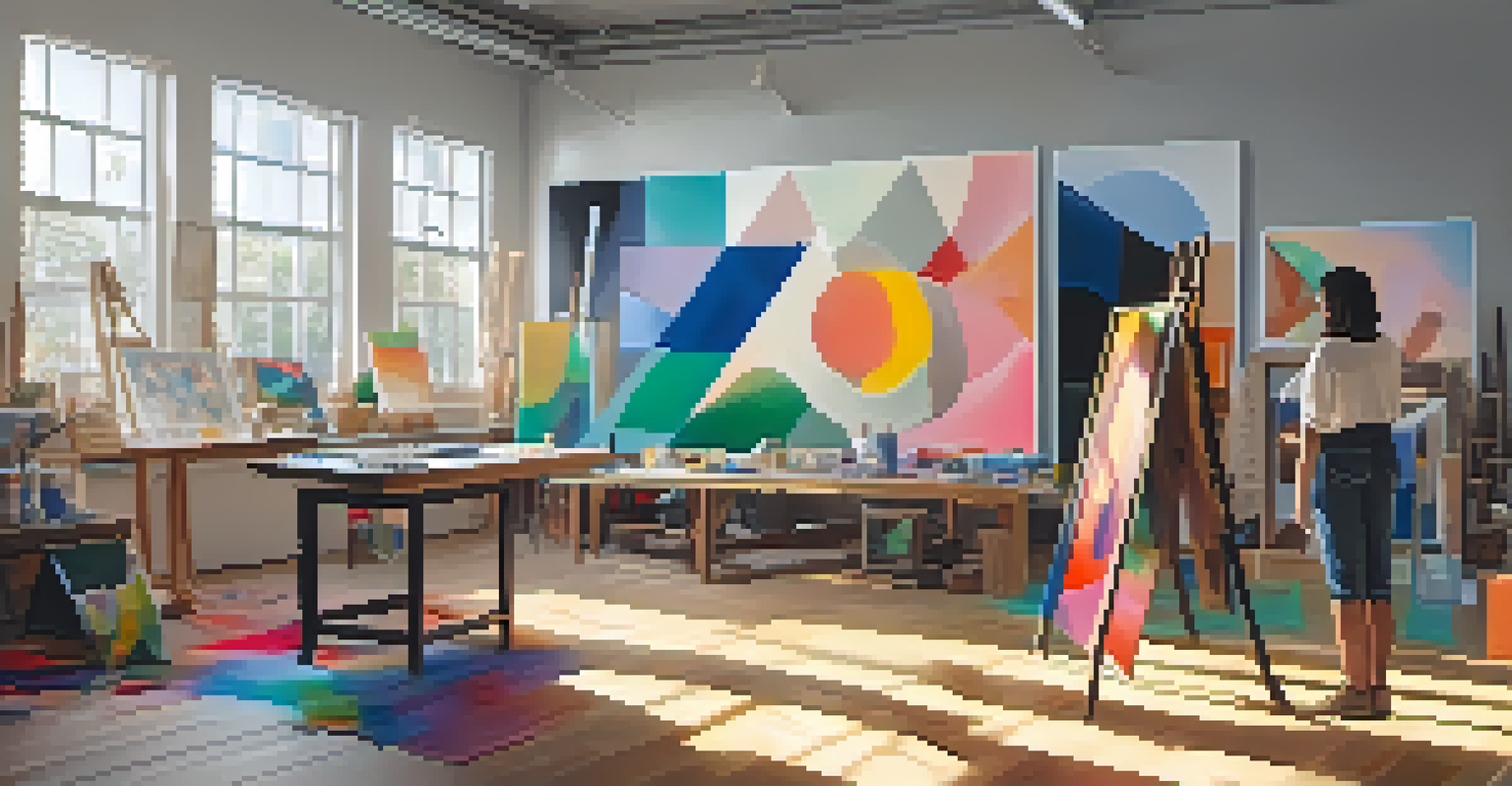 An artist's studio with vibrant artwork and a blockchain registration screen, featuring a woman painting an abstract piece.