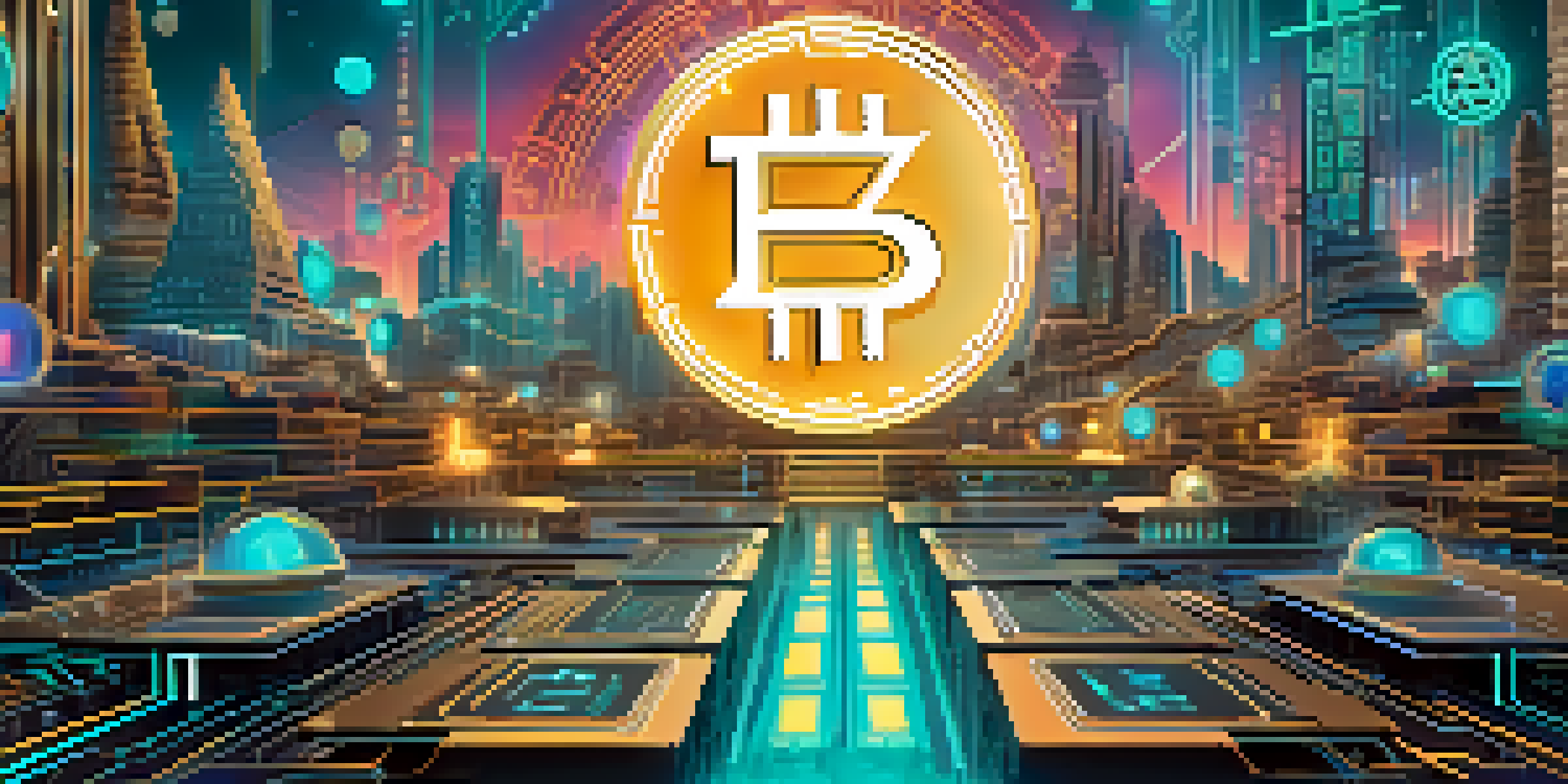 A digital landscape with a glowing Zcash logo surrounded by abstract blockchain technology and privacy elements in vibrant colors.