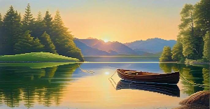 A peaceful lake surrounded by green hills during sunset, with a small wooden boat on the water.