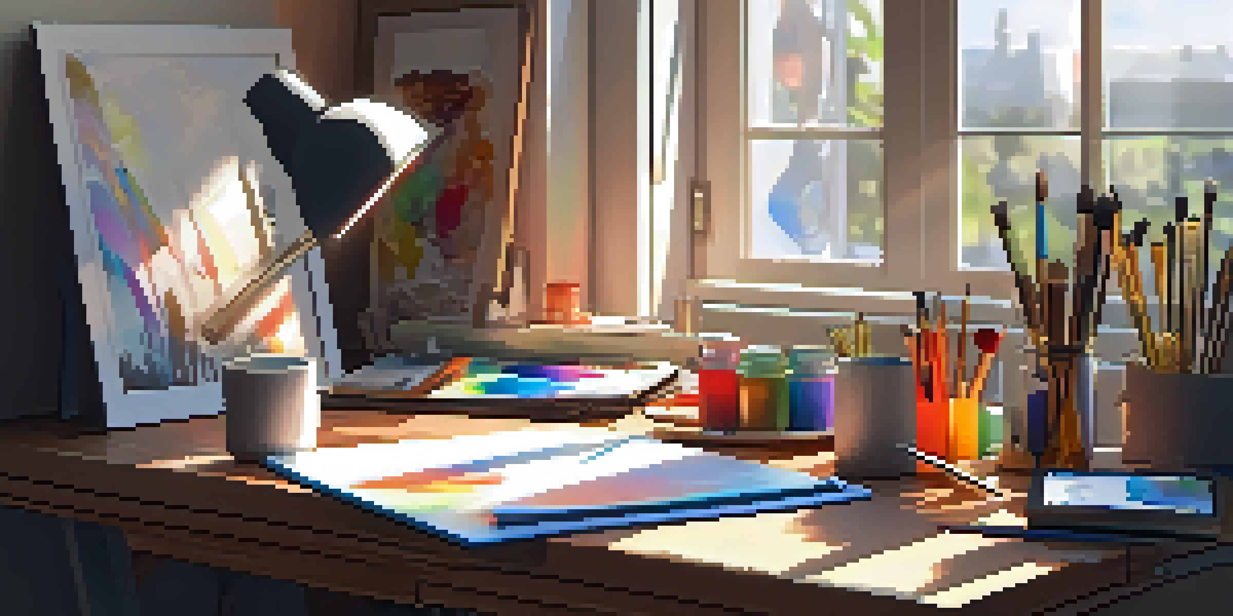 A digital artist's workspace with a colorful tablet, art supplies, and sunlight streaming through the window.