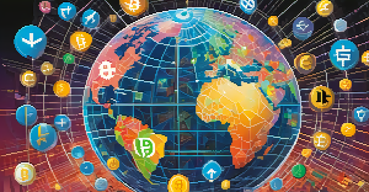 A globe surrounded by digital currencies and blockchain symbols, with arrows showing seamless transactions across countries, representing a connected global economy.