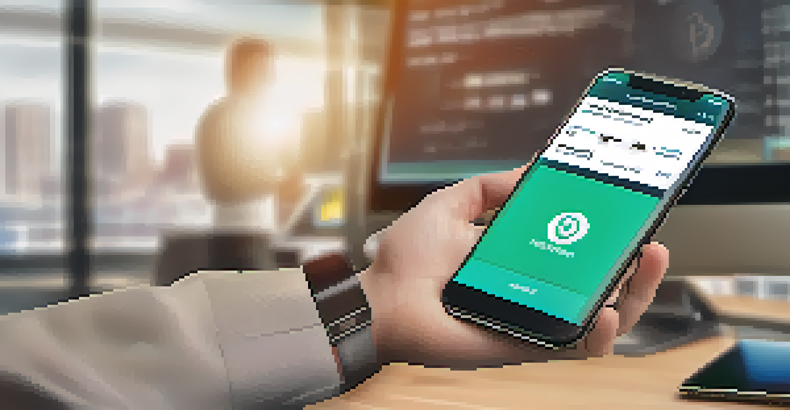 A close-up of a hand holding a smartphone with a cryptocurrency wallet app on a stylish office desk, illuminated by natural light.