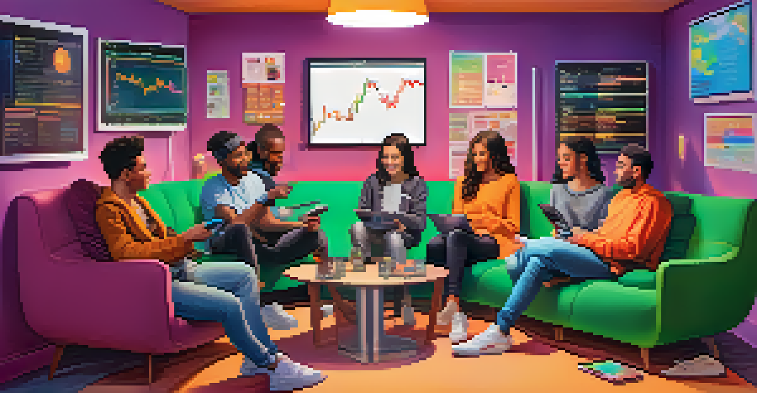 A group of diverse young adults discussing cryptocurrencies in a cozy setting, surrounded by devices showing crypto charts and social media content.