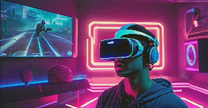 A player wearing a VR headset in a dimly lit room with neon lights, surrounded by holographic gaming tokens.