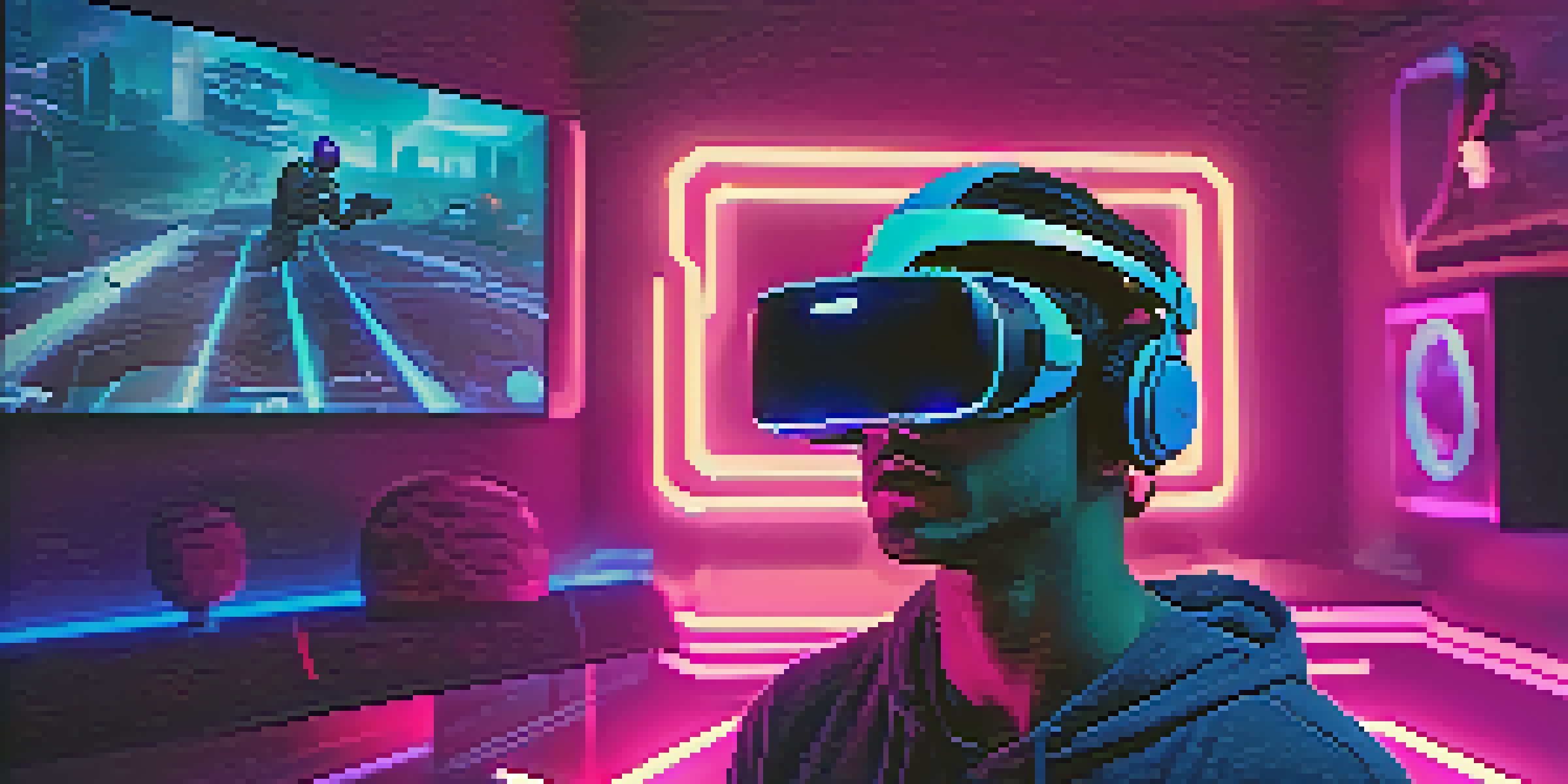 A player wearing a VR headset in a dimly lit room with neon lights, surrounded by holographic gaming tokens.
