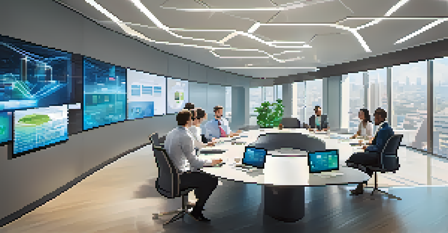 A modern health insurance office where diverse professionals are collaborating around a table, with digital displays showing blockchain data flows.