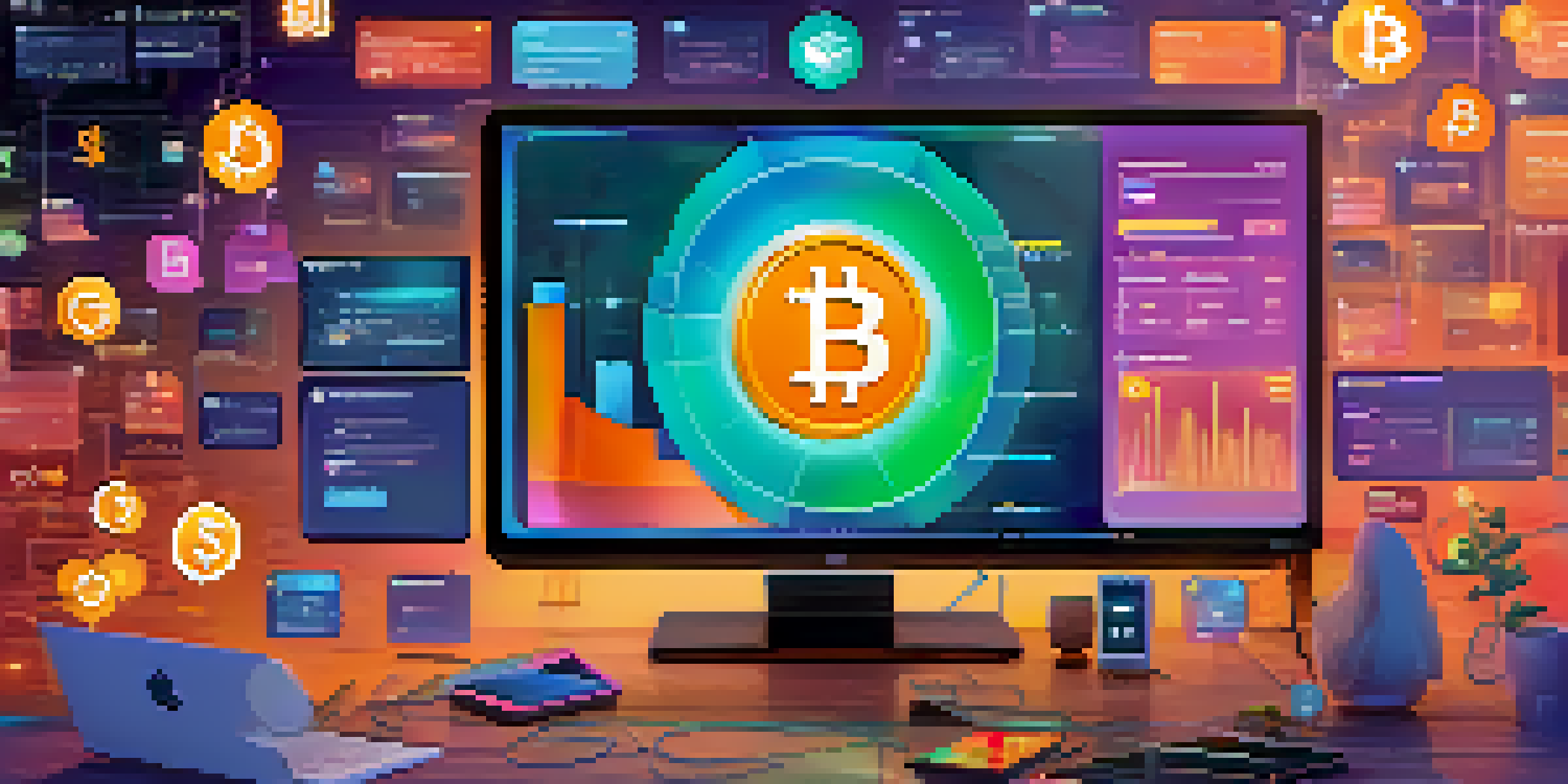A computer screen displaying a colorful social media feed with cryptocurrency posts and memes.