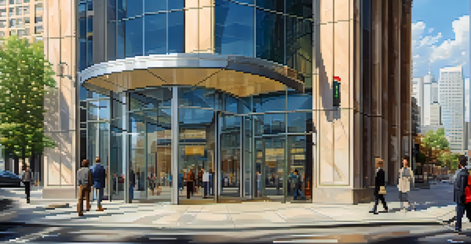 A modern bank entrance with glass doors reflecting the city, illuminated by sunlight, showcasing pedestrians and a digital financial display.