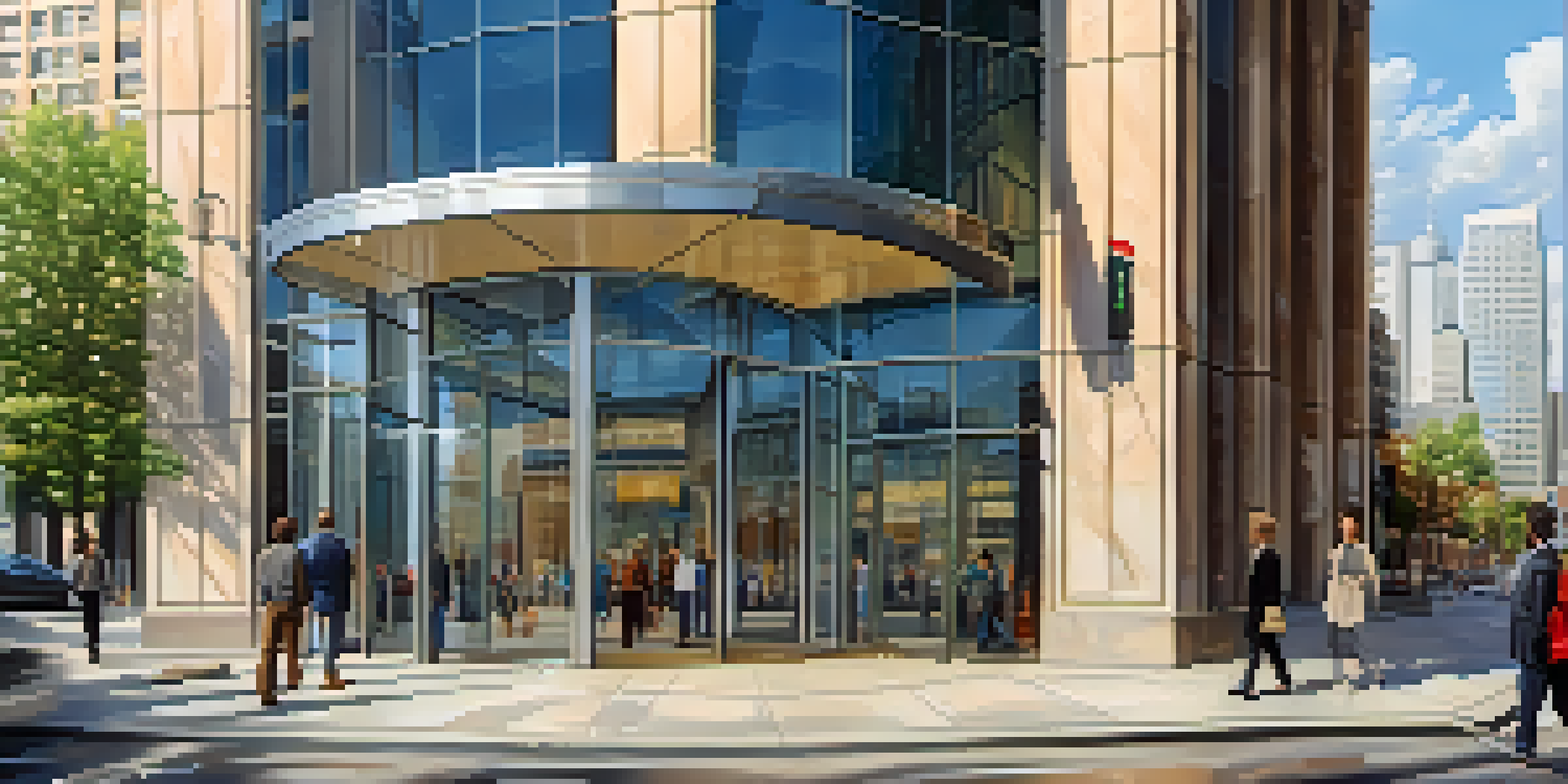 A modern bank entrance with glass doors reflecting the city, illuminated by sunlight, showcasing pedestrians and a digital financial display.