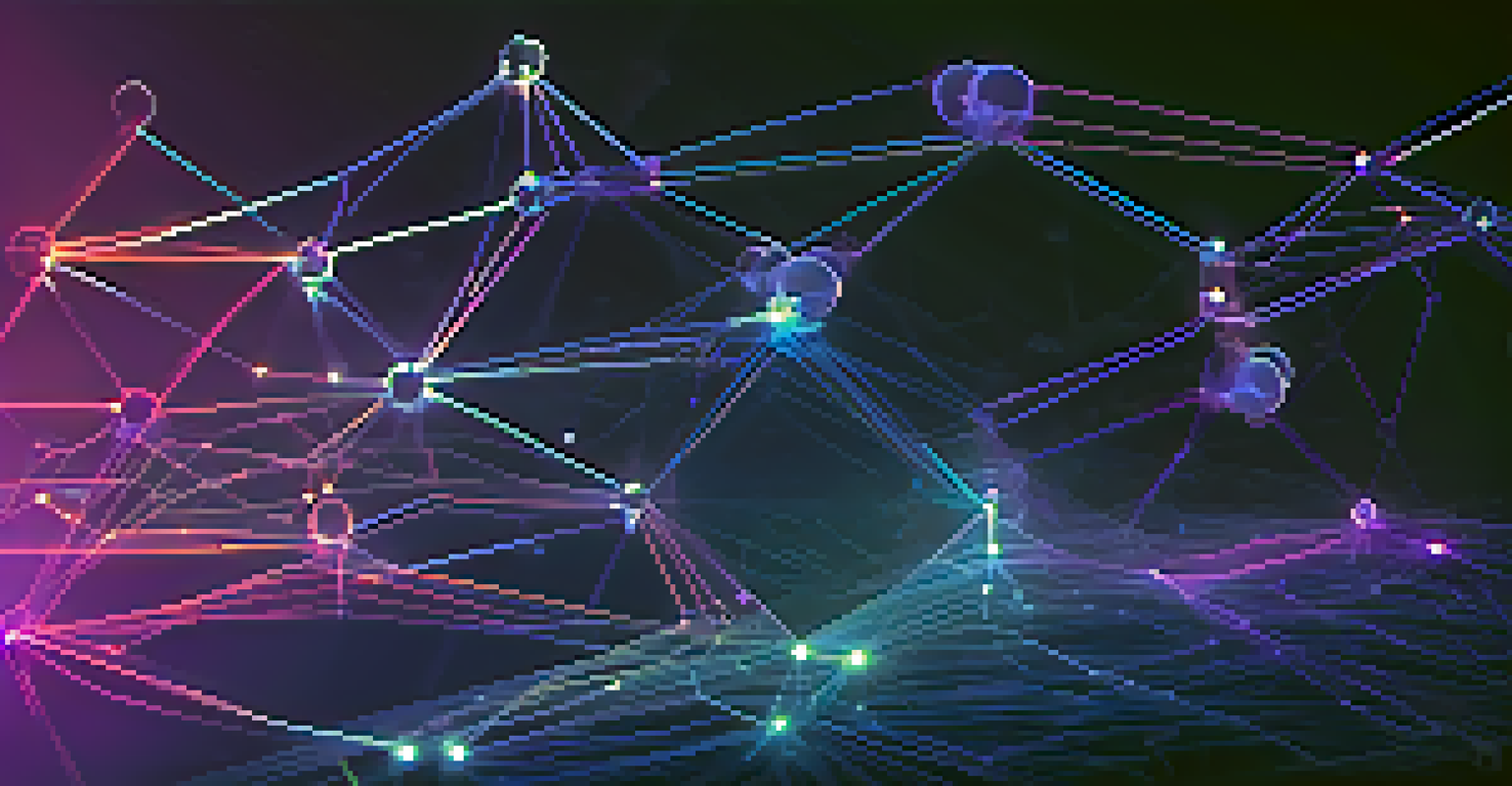 A visual representation of a blockchain network with glowing nodes and interconnected chains against a blue and purple background.