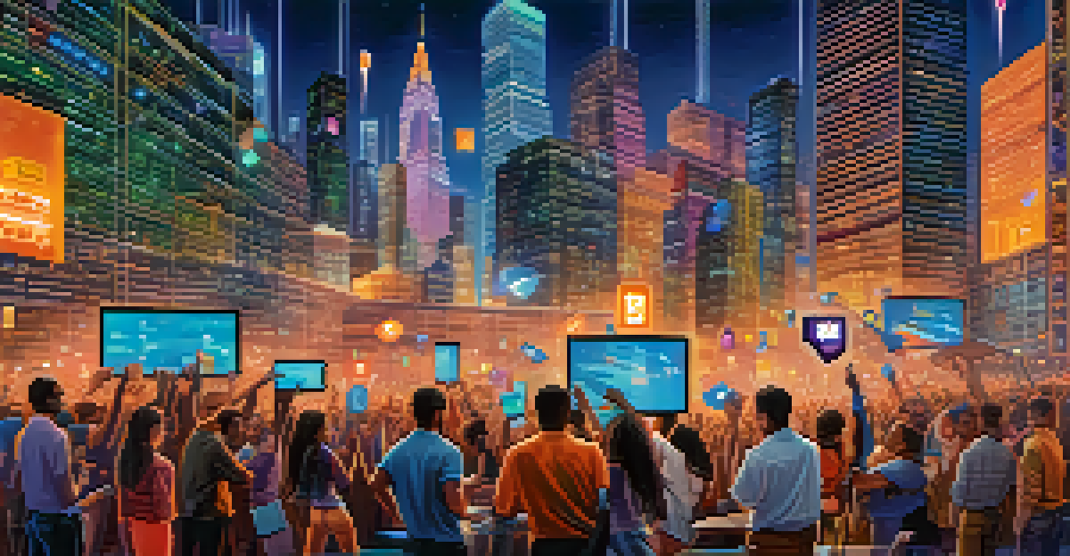 A diverse group of people engaging with blockchain technology in a vibrant cityscape representing decentralized finance.