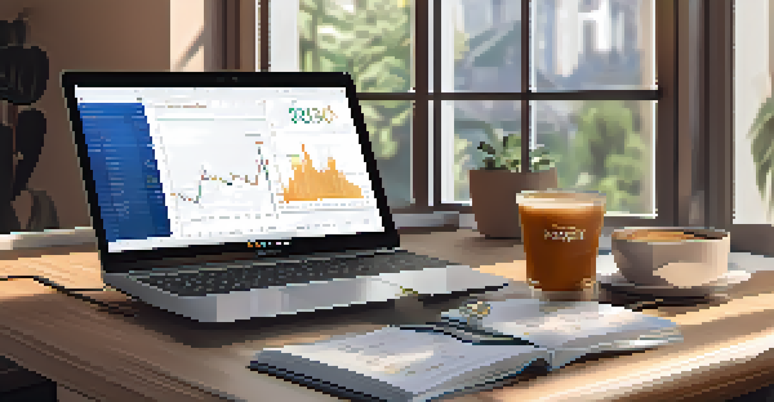 A workspace with a laptop showing cryptocurrency charts, a notepad, and a cup of coffee in natural light.