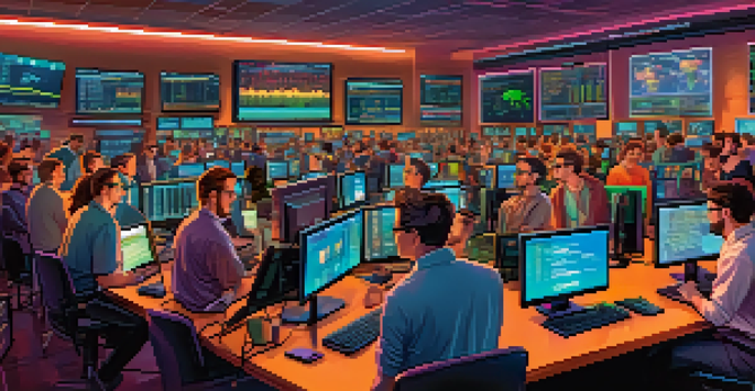 A diverse group of traders in a cryptocurrency trading room, analyzing screens with crypto prices and social media trends, highlighting the lively atmosphere.