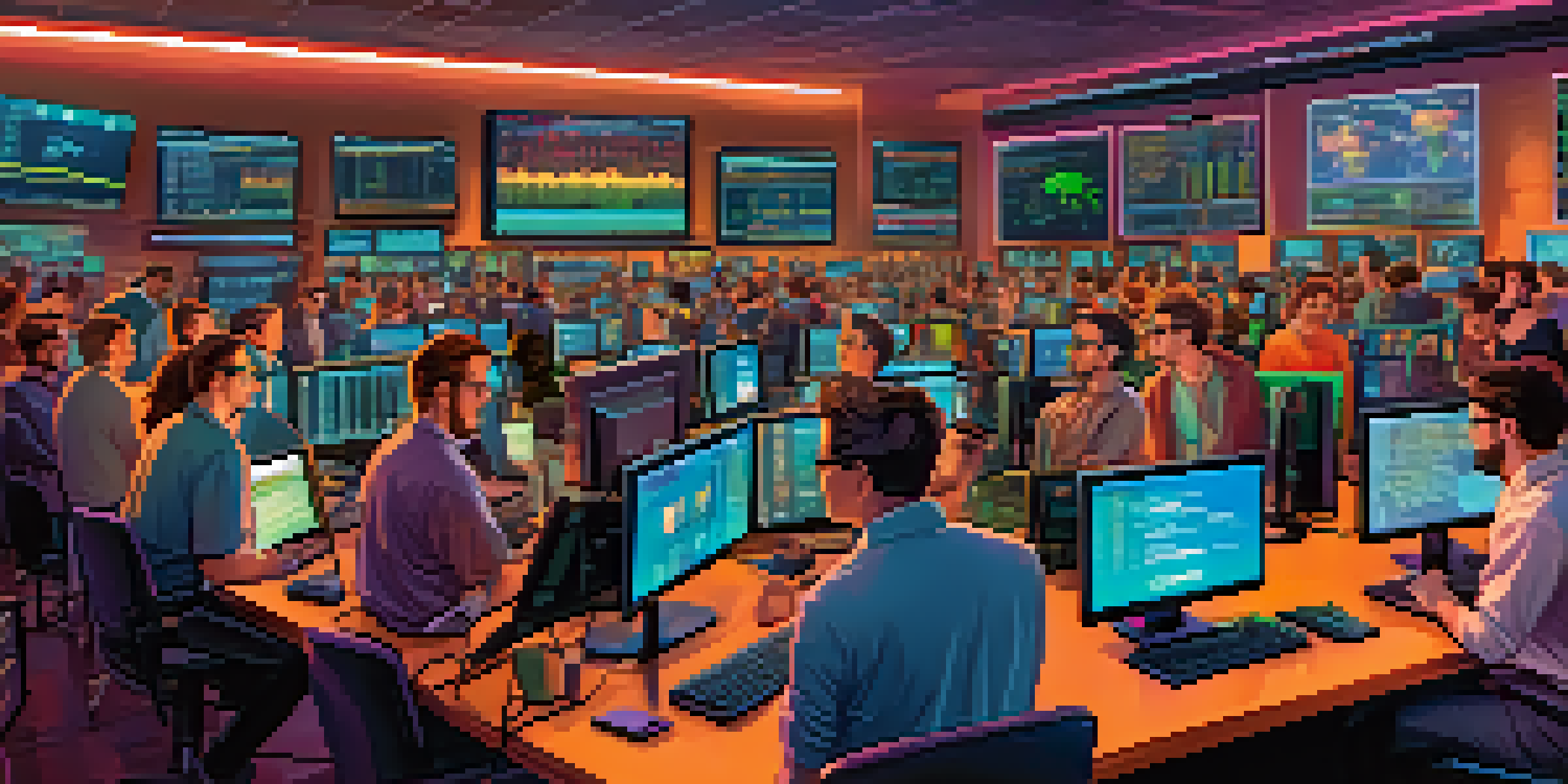 A diverse group of traders in a cryptocurrency trading room, analyzing screens with crypto prices and social media trends, highlighting the lively atmosphere.