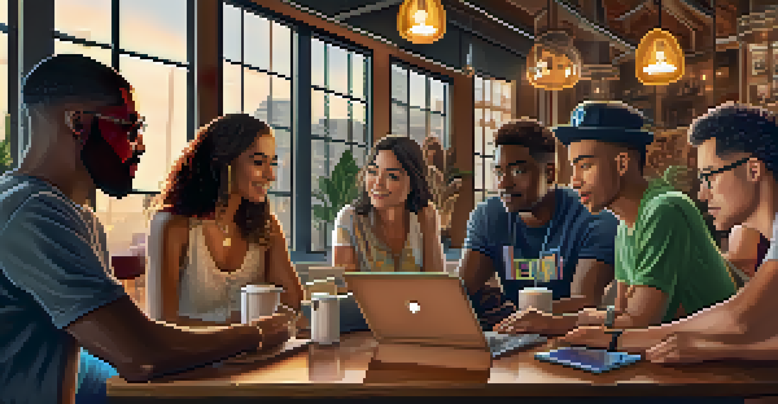 A diverse group of influencers in a coffee shop discussing cryptocurrency trends.