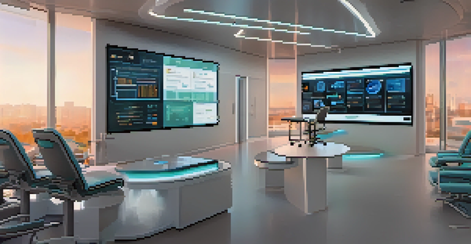 A modern healthcare office featuring a large screen with smart contracts and blockchain technology, surrounded by medical equipment and comfortable furniture.