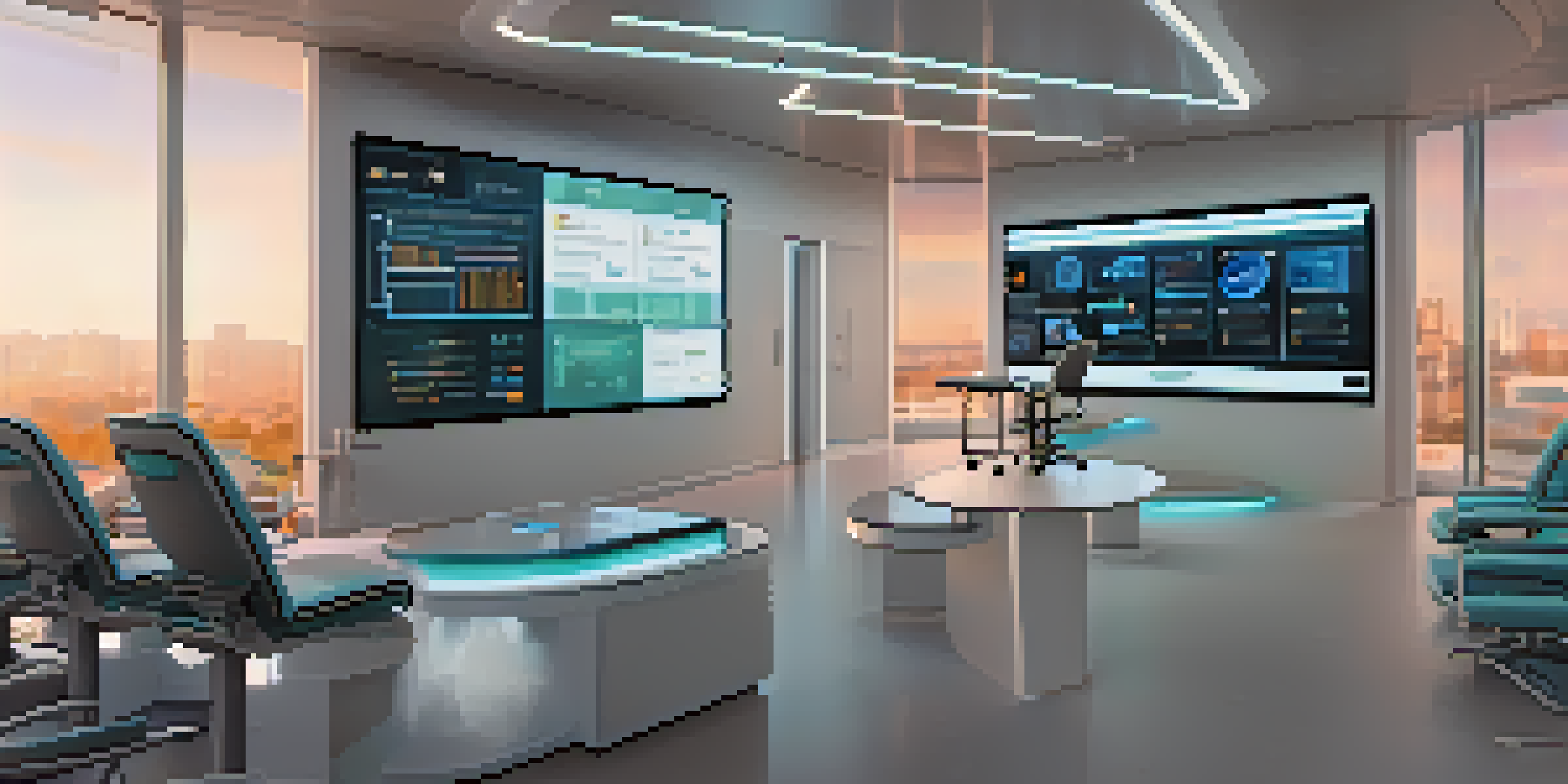 A modern healthcare office featuring a large screen with smart contracts and blockchain technology, surrounded by medical equipment and comfortable furniture.