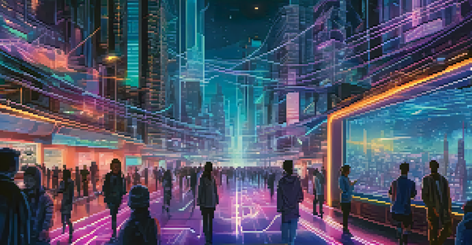 A futuristic city with glowing digital pathways, illuminated buildings, and a starry night sky.