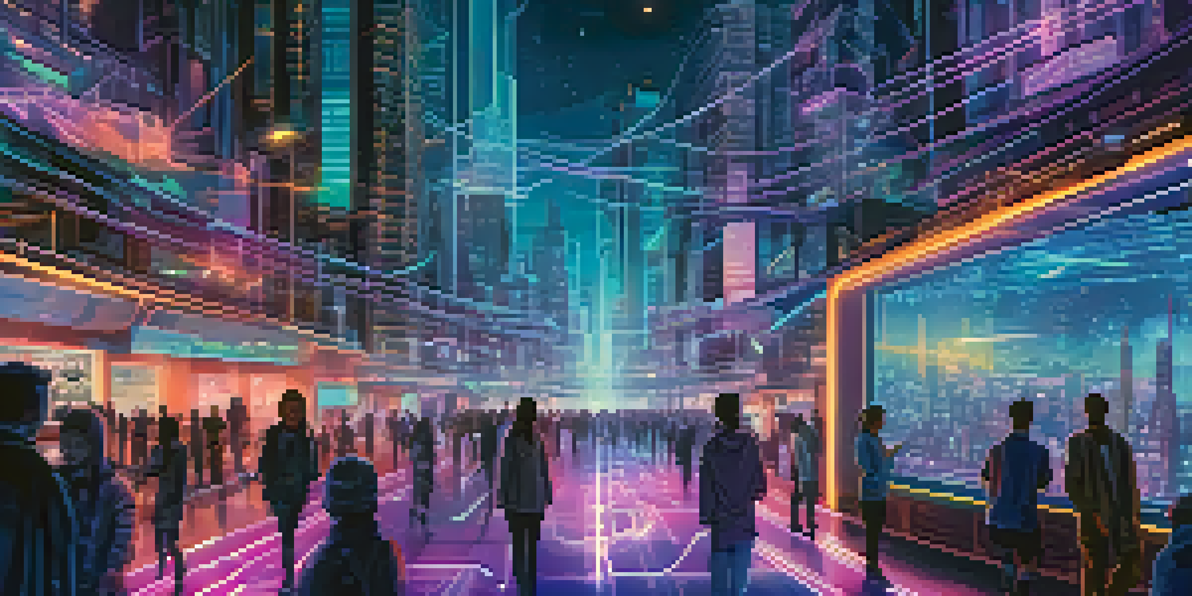 A futuristic city with glowing digital pathways, illuminated buildings, and a starry night sky.