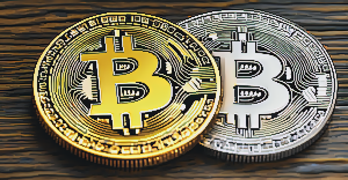 A close-up of a gold Bitcoin and a Bitcoin Cash coin on a wooden table, with warm lighting reflecting off their surfaces.