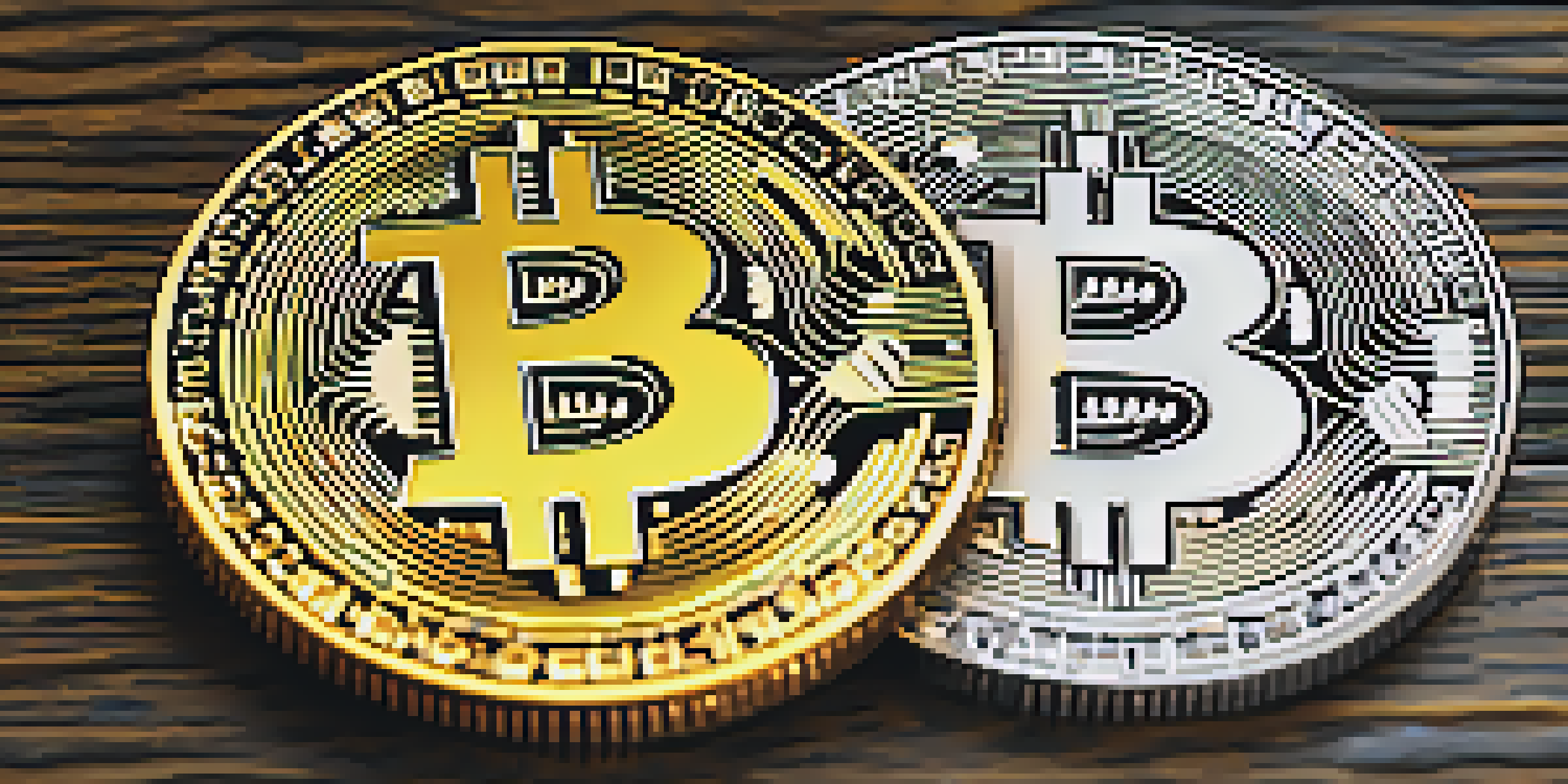 A close-up of a gold Bitcoin and a Bitcoin Cash coin on a wooden table, with warm lighting reflecting off their surfaces.
