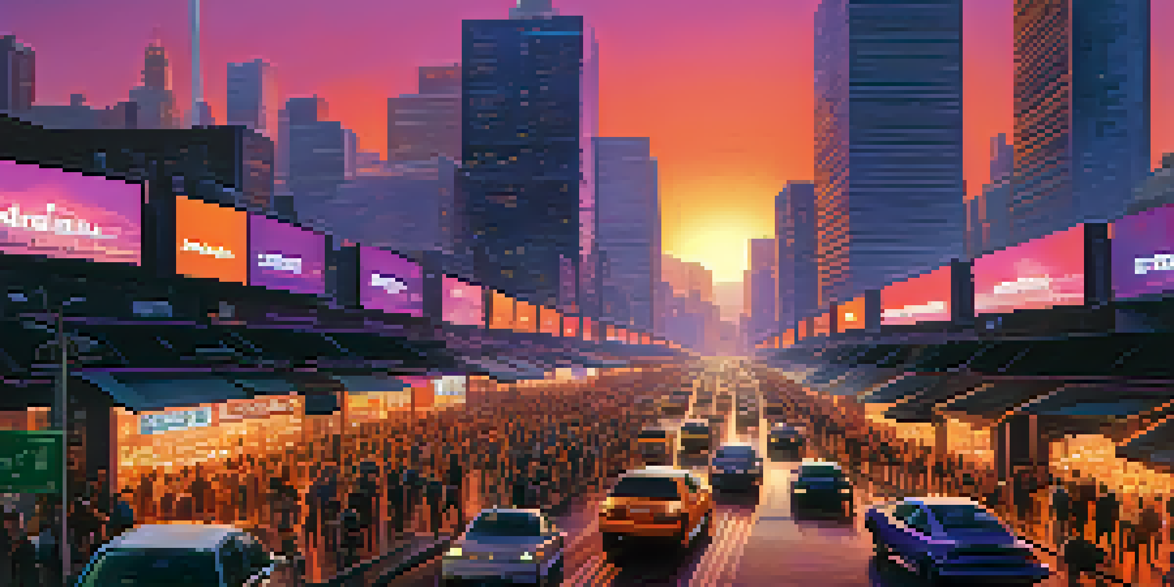 A vibrant city skyline at dusk with glowing skyscrapers and a busy street, highlighting the intersection of traditional and cryptocurrency markets.