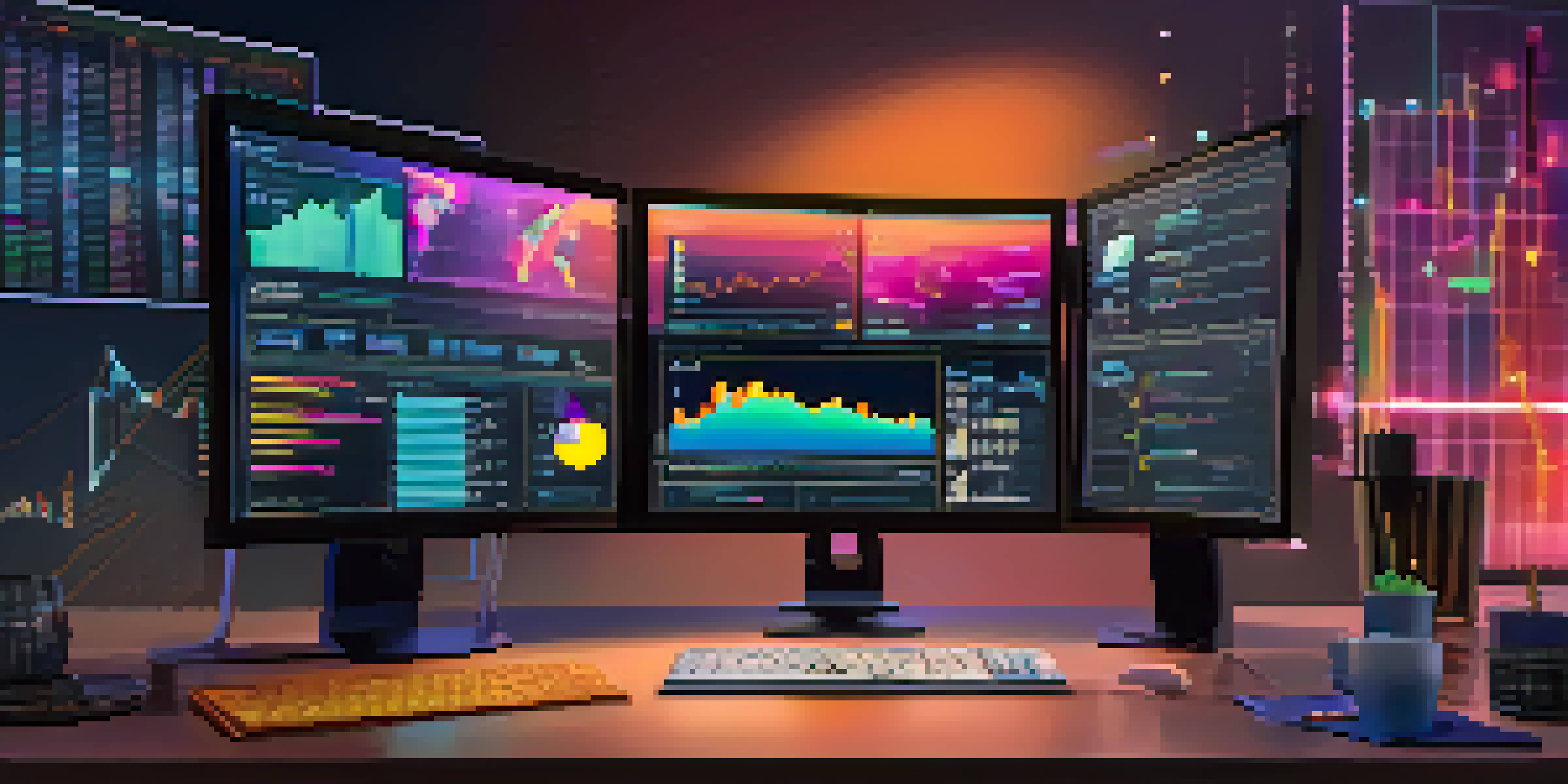 A close-up view of a modern cryptocurrency trading workspace with multiple screens showing charts, a stylish desk, and a cup of coffee.