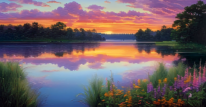 A sunset over a peaceful lake with colorful reflections, surrounded by green trees and wildflowers.